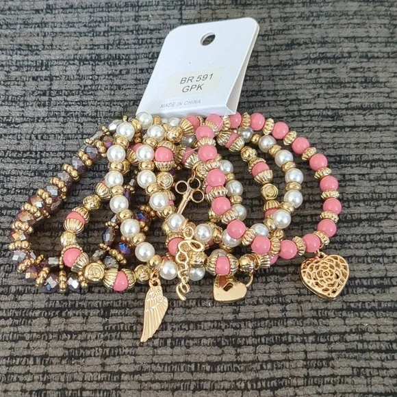 Bead And Pearl Stretch Charm Bracelet Heart Key Lock Love Angel Wing - Picture 5 of 7